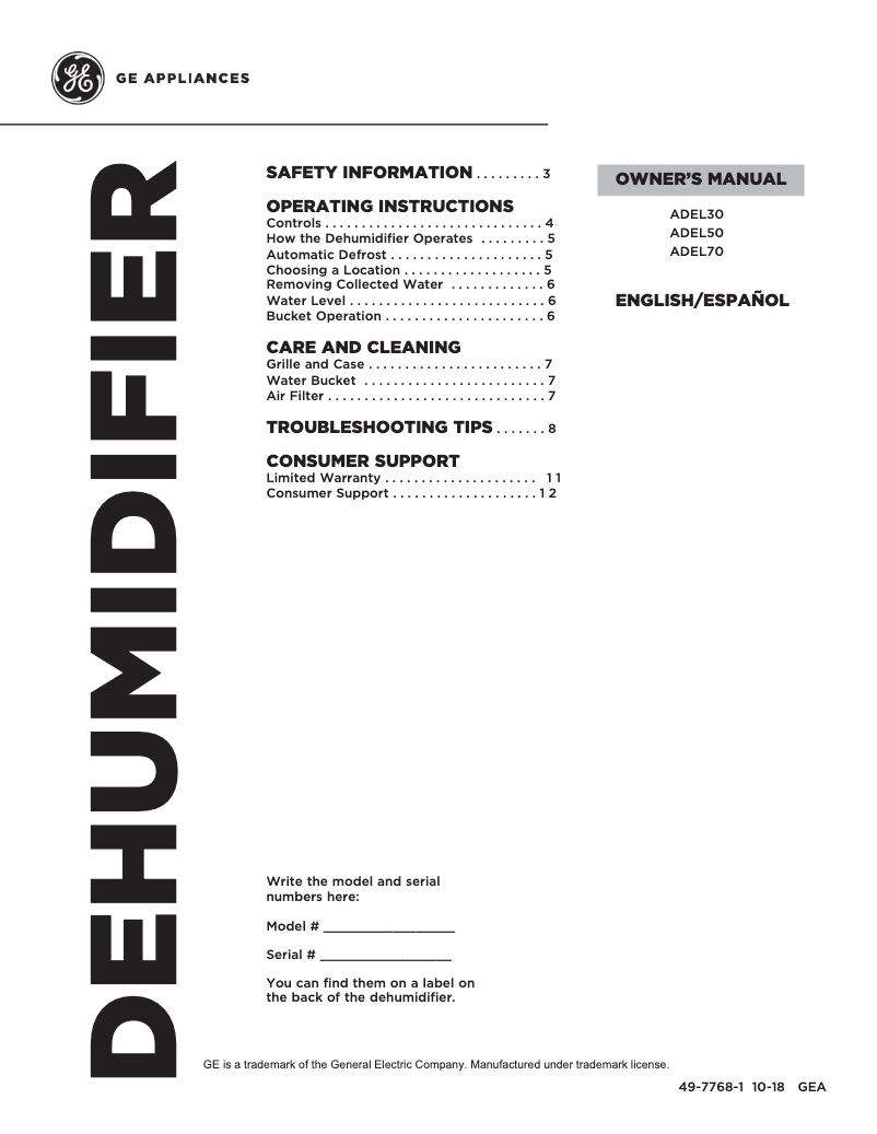 Page 1 of the manual User Manual GE ADEL50LY