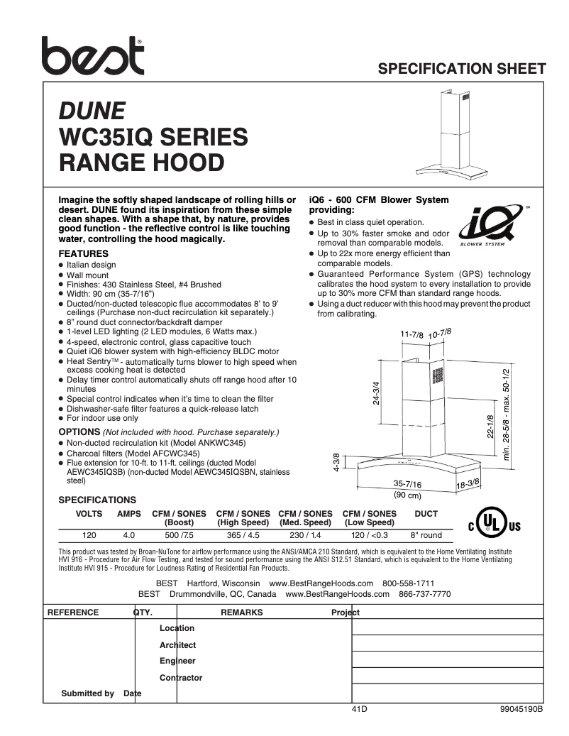 Page 1 of the manual Technical Sheet Best WC35IQ90SB