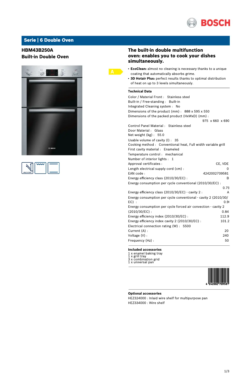 Page 1 of the manual Technical Sheet Bosch HBM43B250A