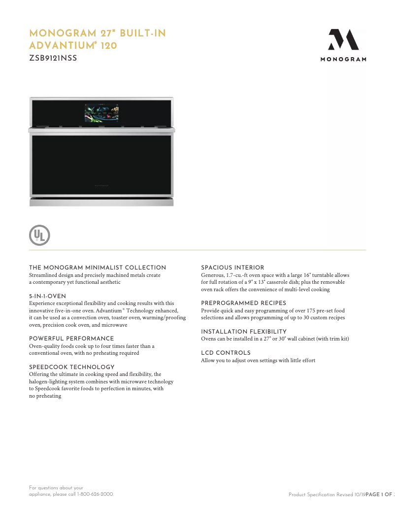 Page 1 of the manual Technical Sheet Monogram ZSB9121NSS