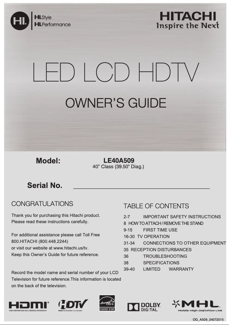 Page 1 of the manual User Manual Hitachi LE40A509