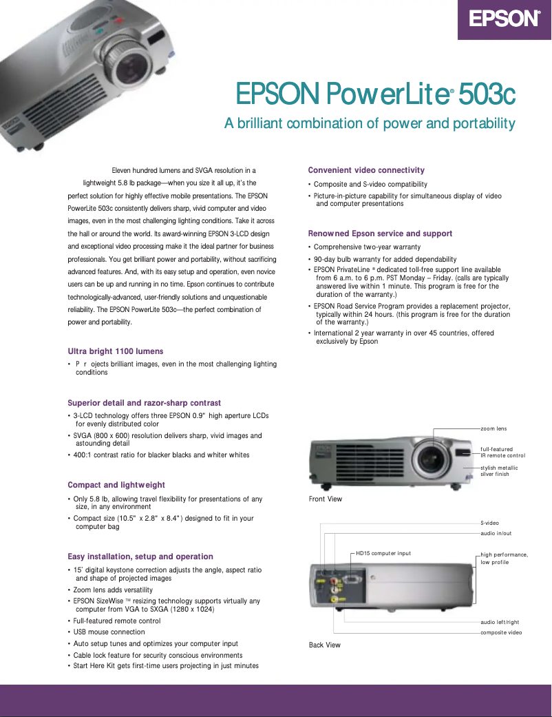 Image de la première page du manuel de l'appareil PowerLite 503c