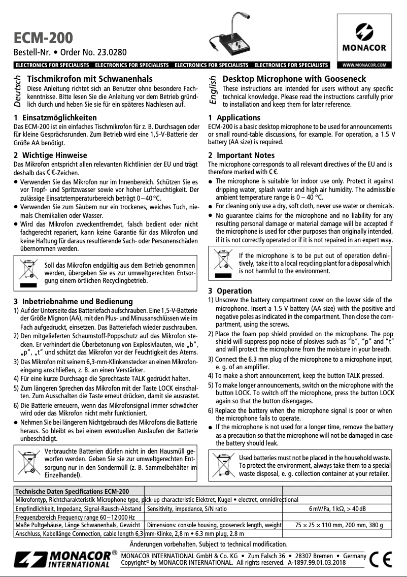 Page 1 of the manual User Manual Monacor ECM-200