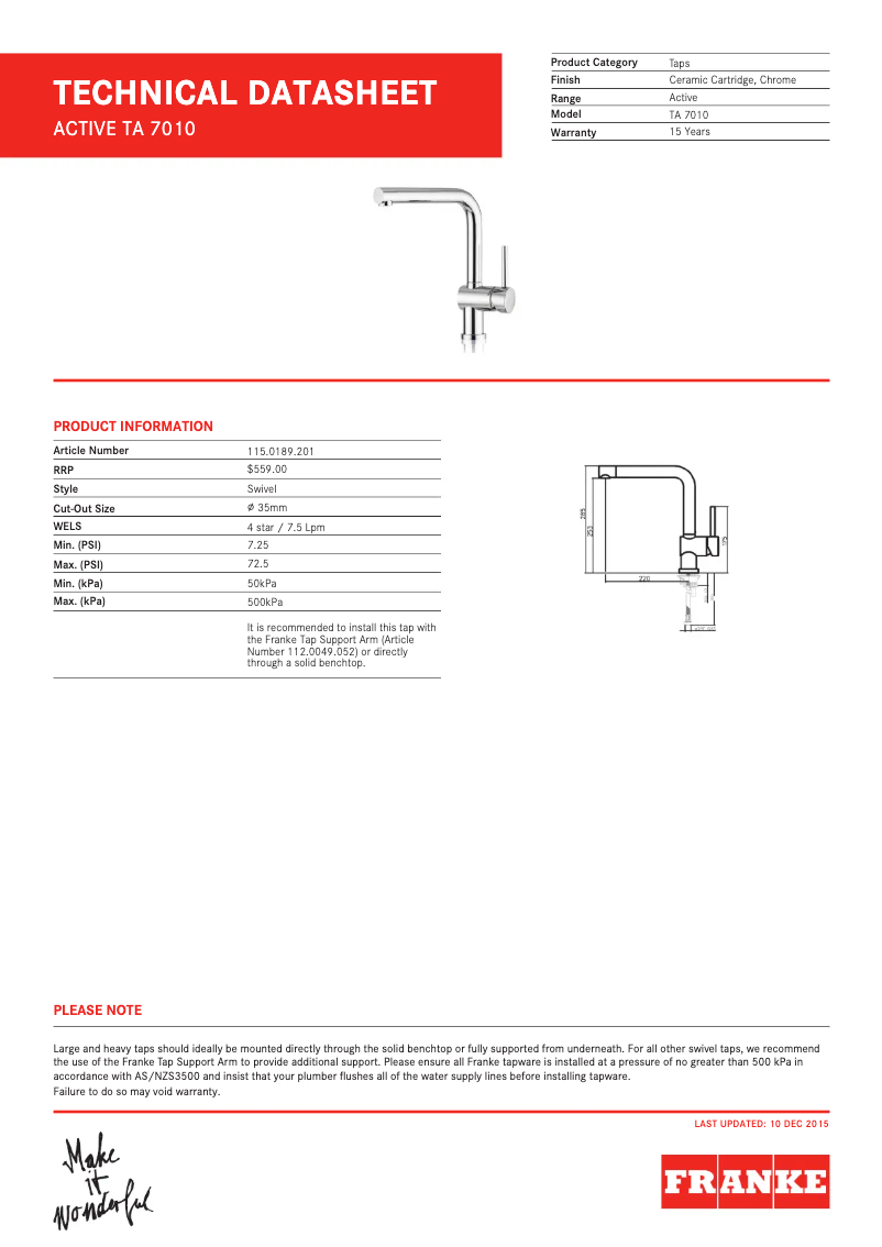 Page 1 of the manual Technical Sheet Franke TA7010