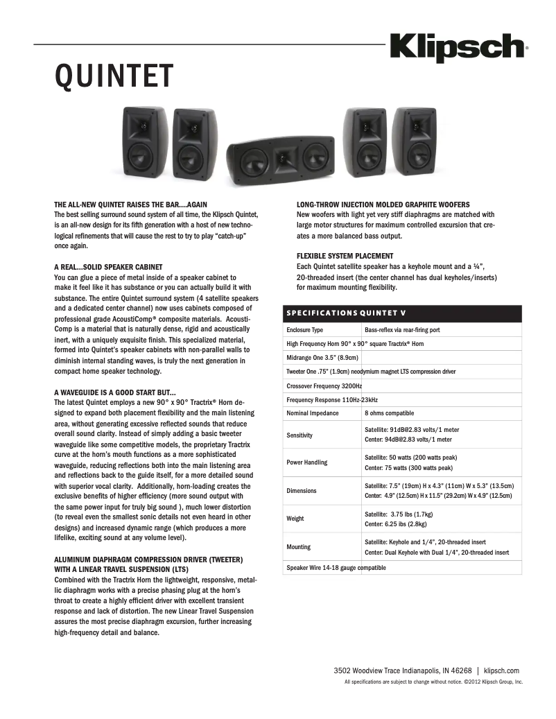 Page 1 of the manual Technical Sheet Klipsch Quintet V