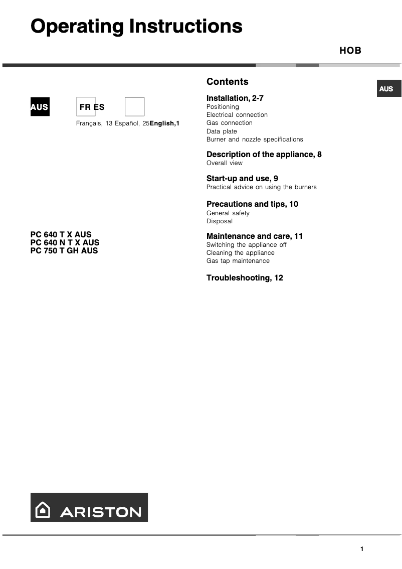 Page 1 of the manual User Manual Ariston Thermo PC 640 TGH