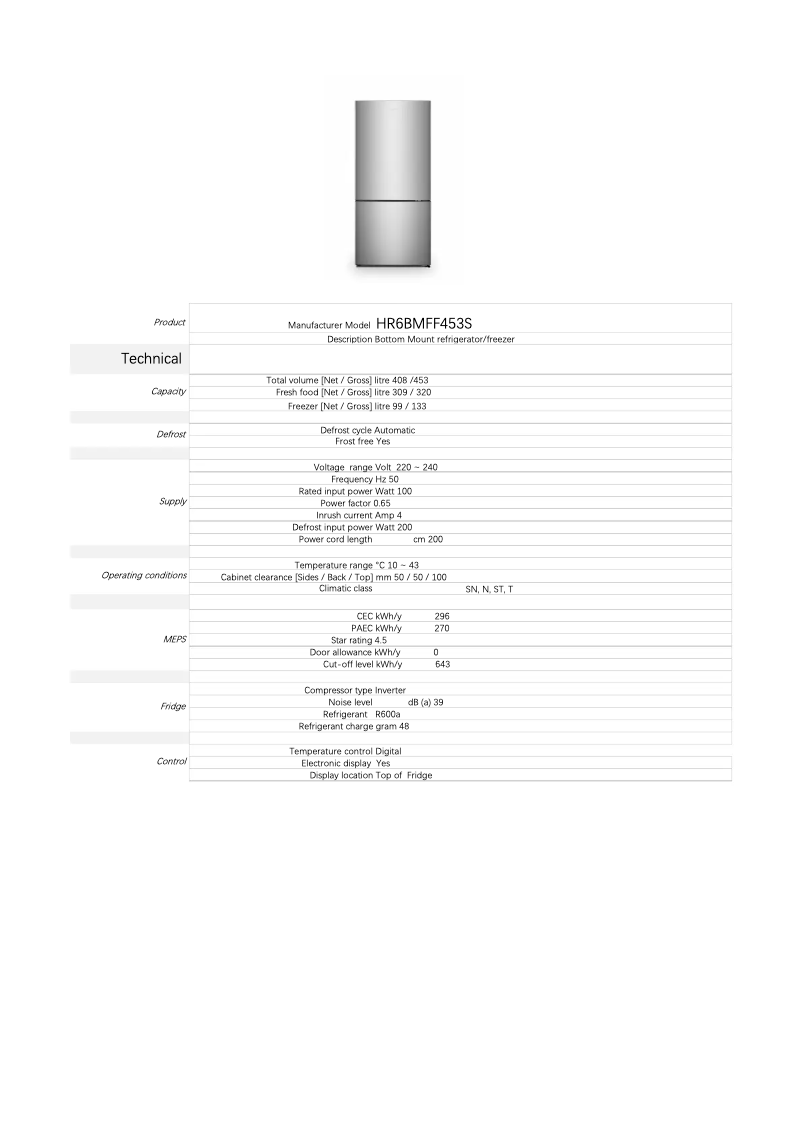 Page 1 of the manual Technical Sheet Hisense HR6BMFF453S