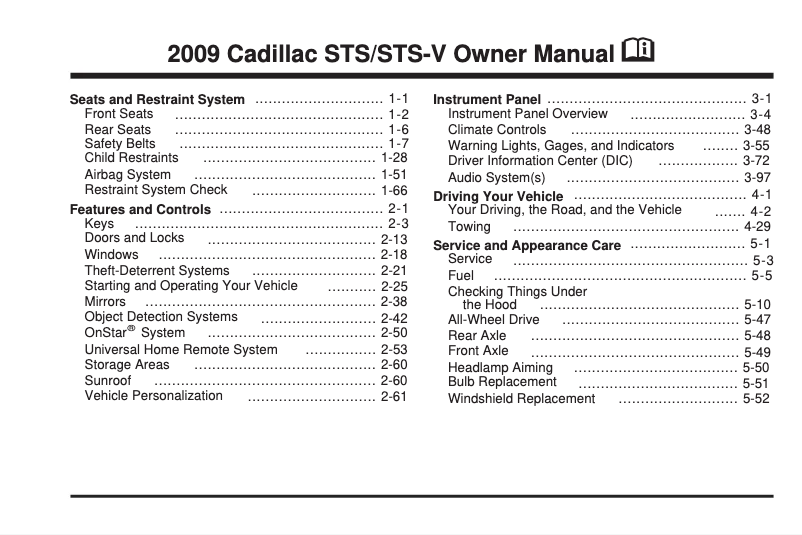 First page image of the manual for STS Sedan (2009)