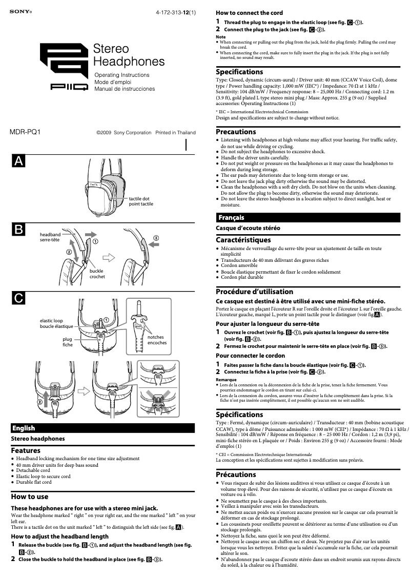 Page 1 of the manual User Manual Sony MDR-PQ1