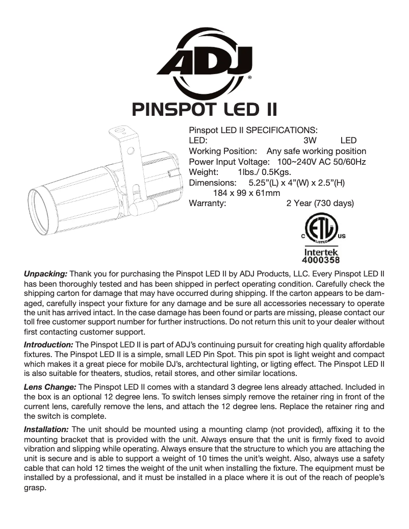 Page 1 of the manual User Manual American DJ Pinspot LED II