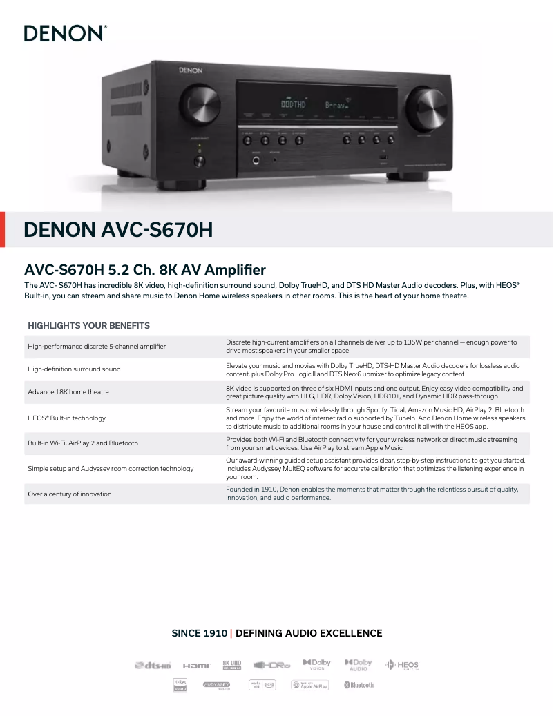Page 1 of the manual Technical Sheet Denon AVC-S670H