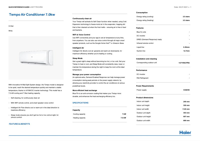 Page 1 of the manual Technical Sheet Haier AS71TECHRA
