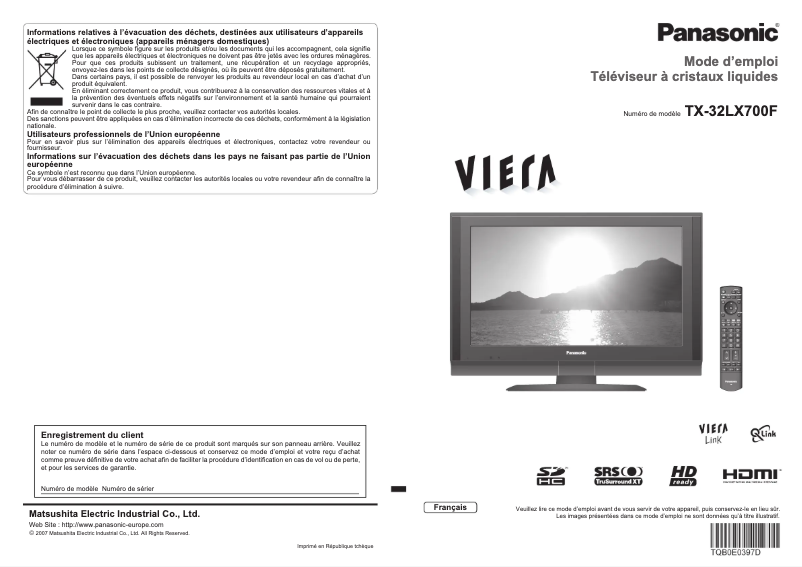 First page image of the manual for Viera TX-32LX700F