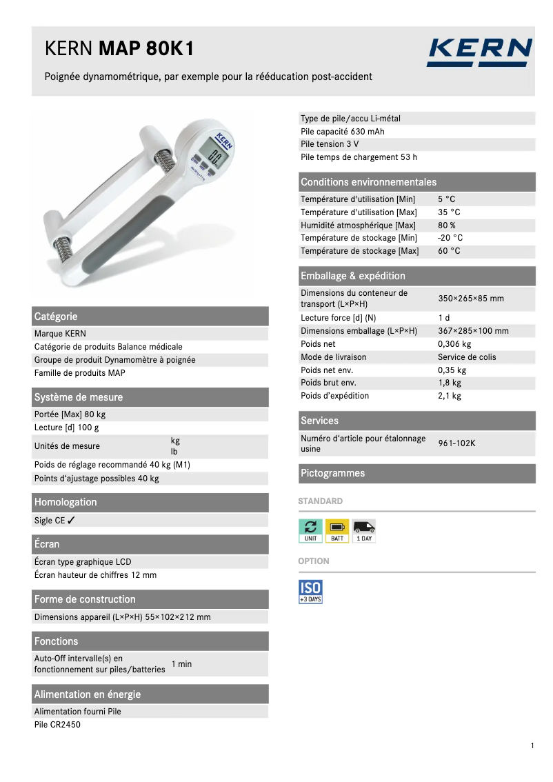 Page 1 of the manual Technical Sheet Kern MAP 80K1