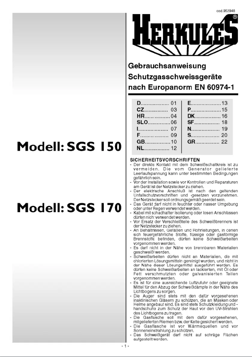Page 1 of the manual User Manual Herkules SGS 150