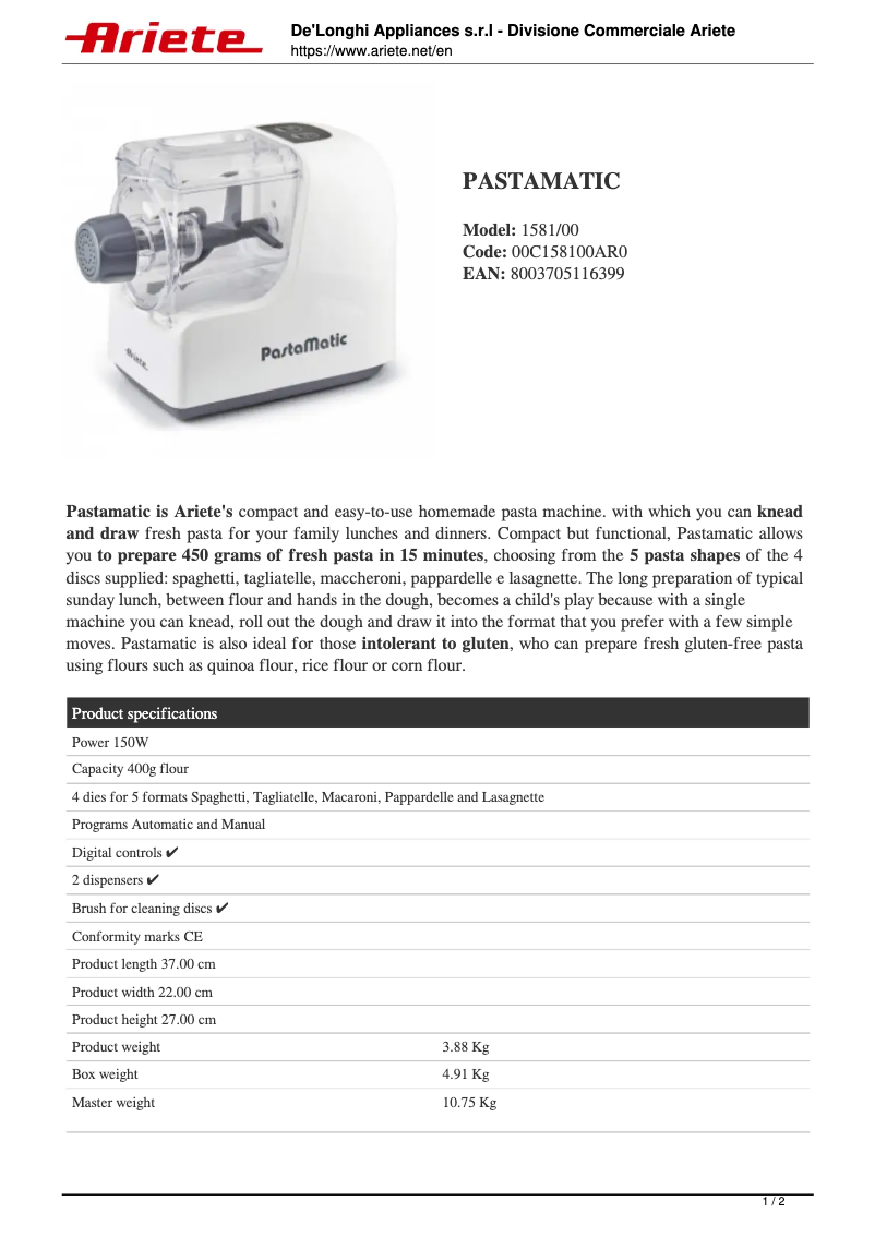 Page 1 de la notice Fiche technique Ariete 1581