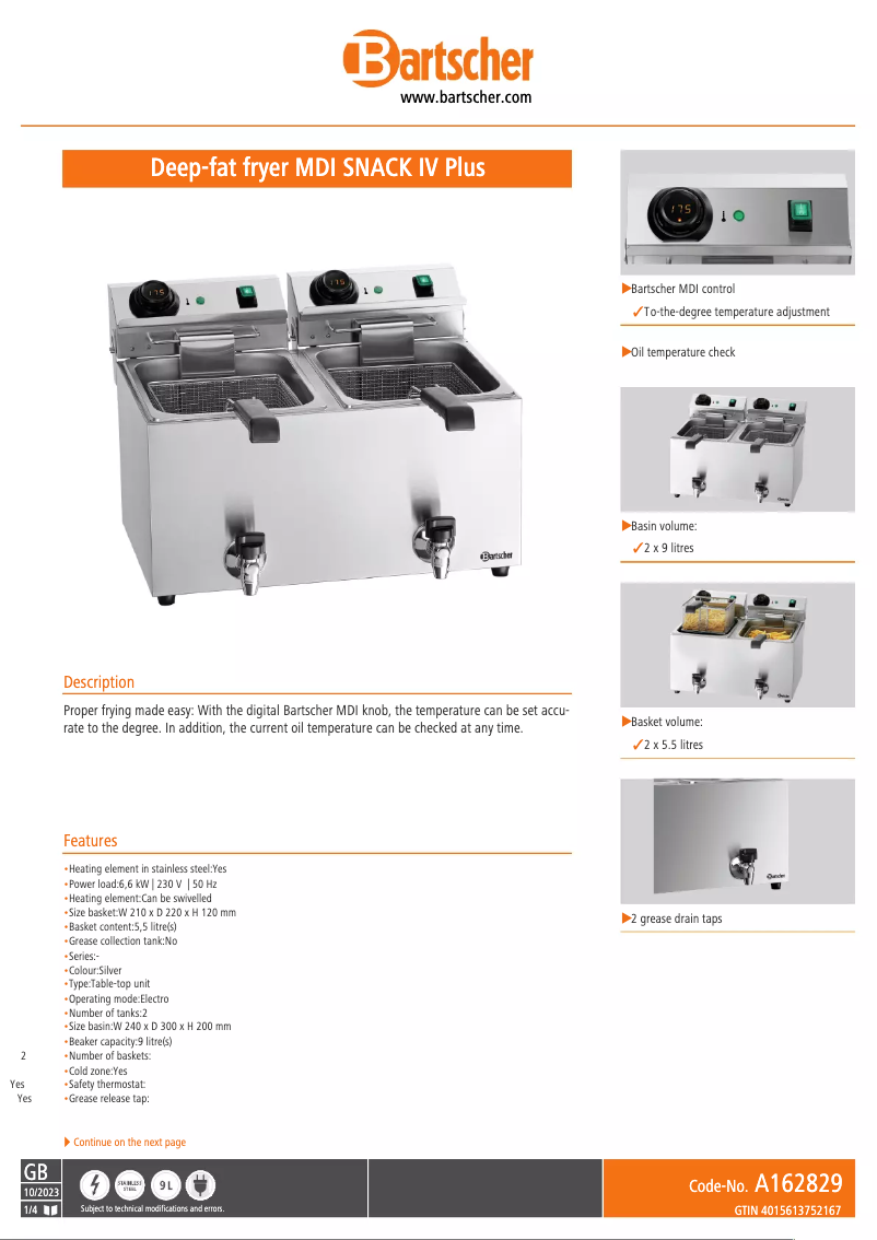 Page 1 of the manual Technical Sheet Bartscher MDI SNACK IV Plus A162829