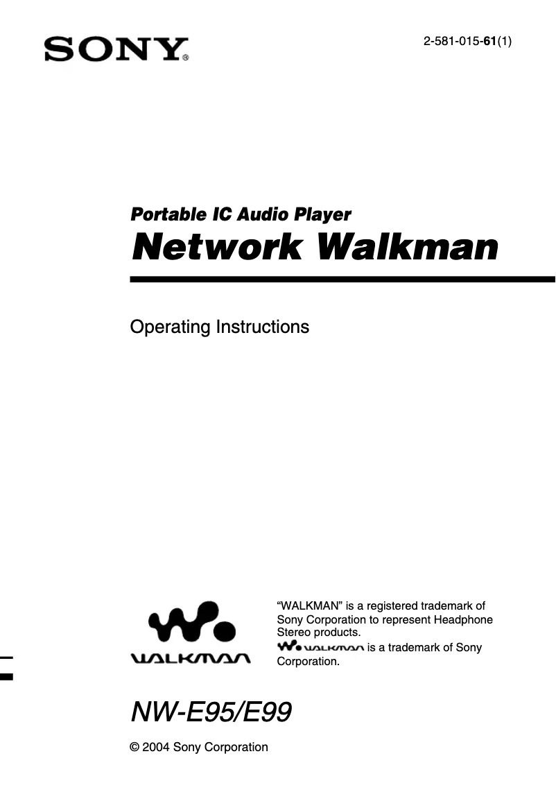 First page image of the manual for Walkman NW-E99