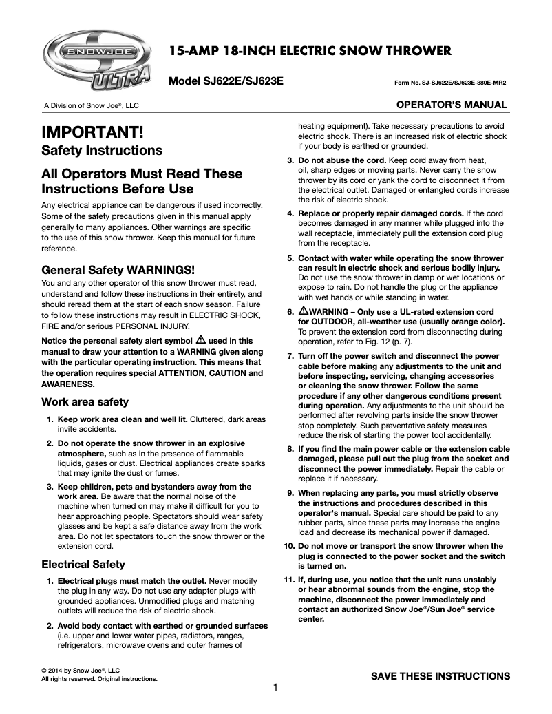 Page 1 of the manual User Manual Snow Joe Ultra 18-Inch 15-Amp