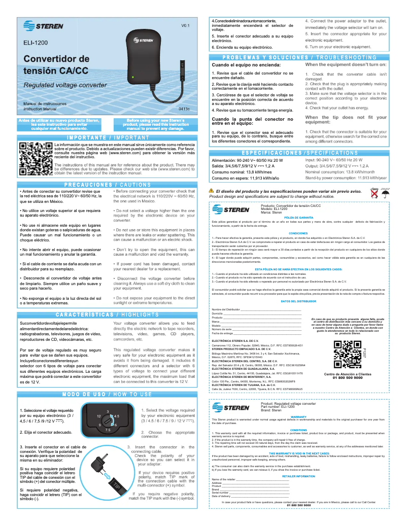 First page image of the manual for ELI-1200