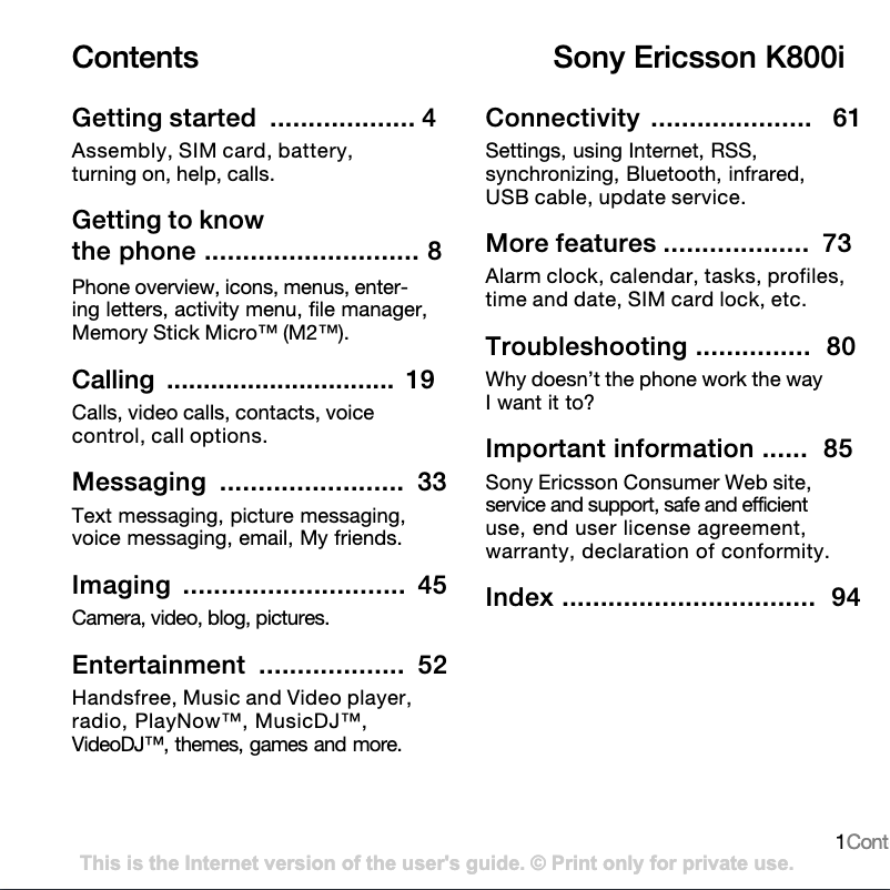 First page image of the manual for Ericsson K800i