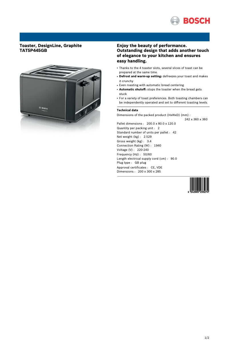 First page image of the manual for TAT5P445GB