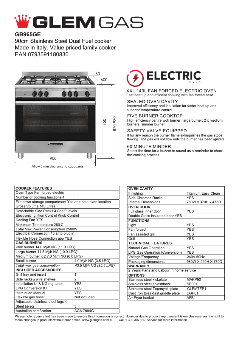 Page 1 of the manual Technical Sheet Glem Gas GB965GE