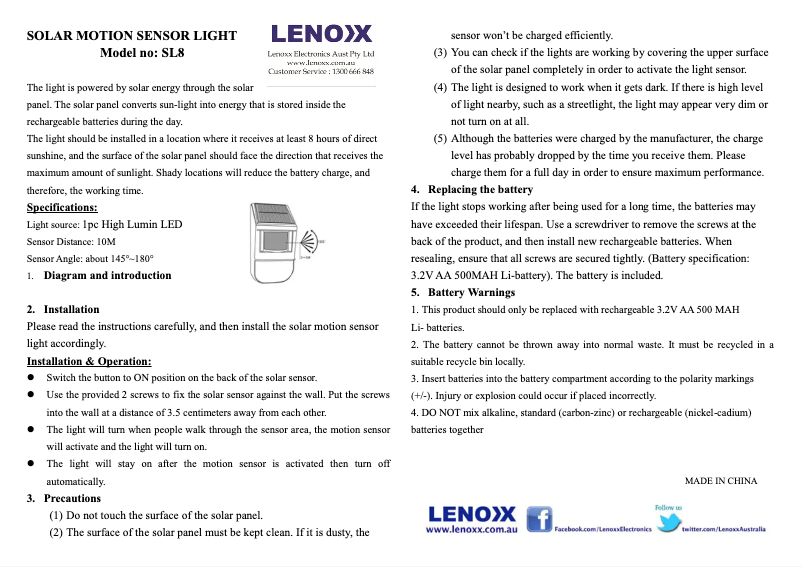 Page 1 of the manual User Manual Lenoxx SL8x2