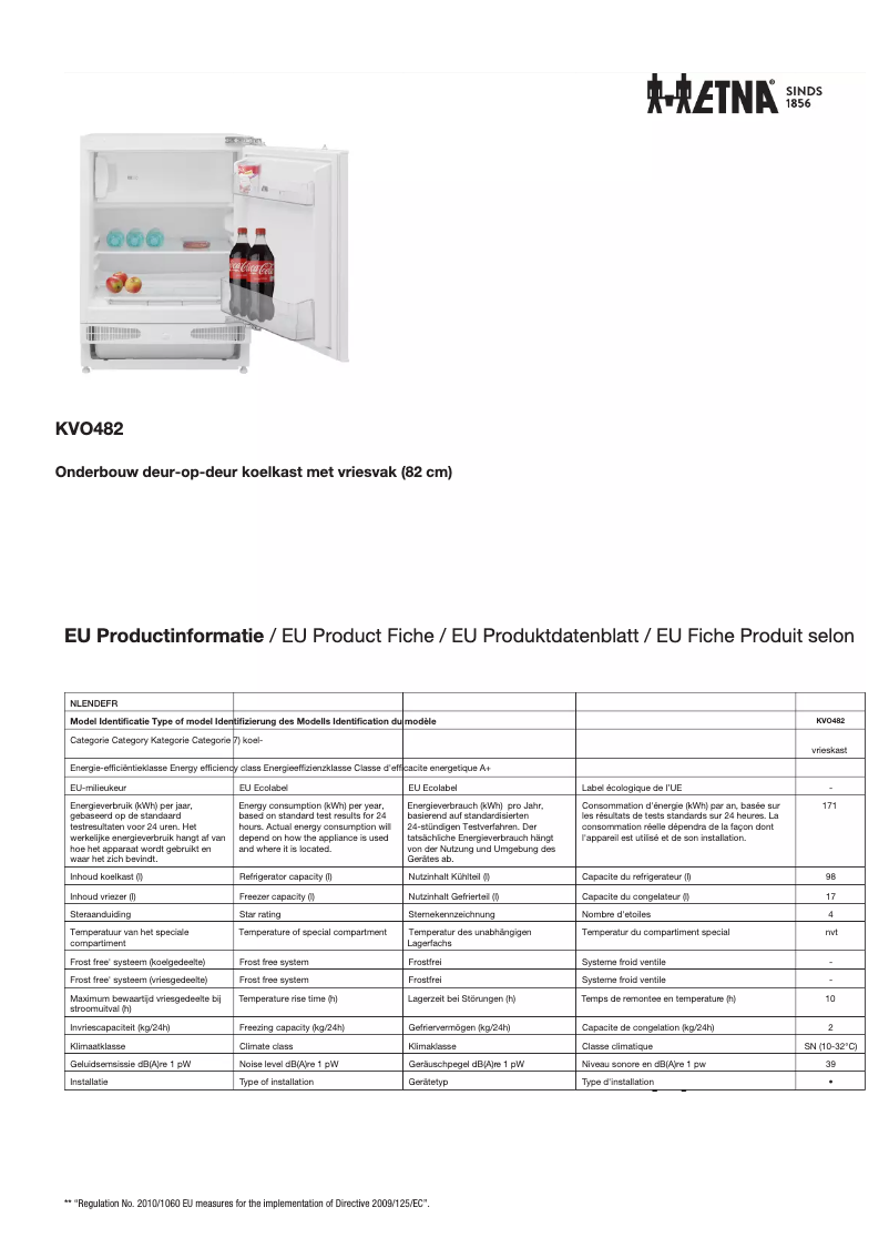 Page 1 of the manual Technical Sheet Etna KVO482