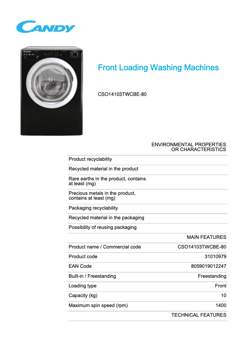 Page 1 of the manual Technical Sheet Candy CSO14103TWCBE-80