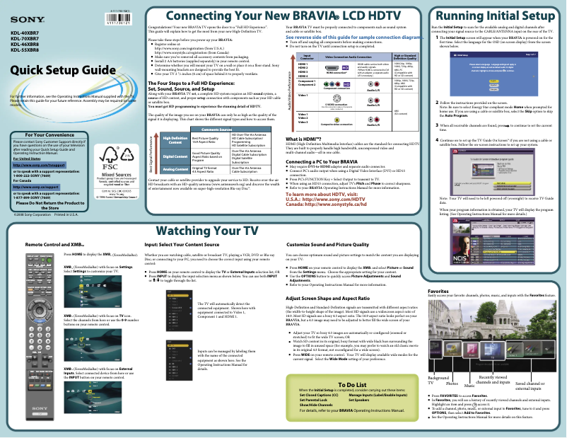 First page image of the manual for Bravia KDL-70XBR7