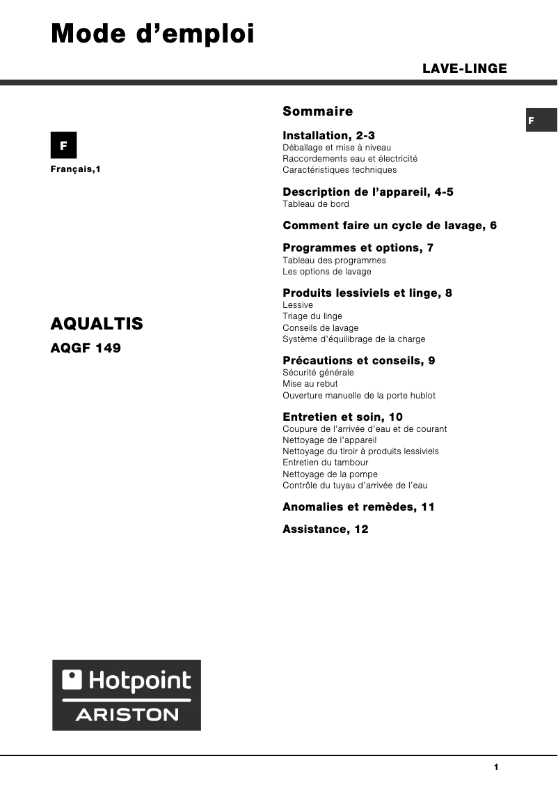 Page 1 of the manual User Manual Hotpoint Ariston Aqualtis QGF 149