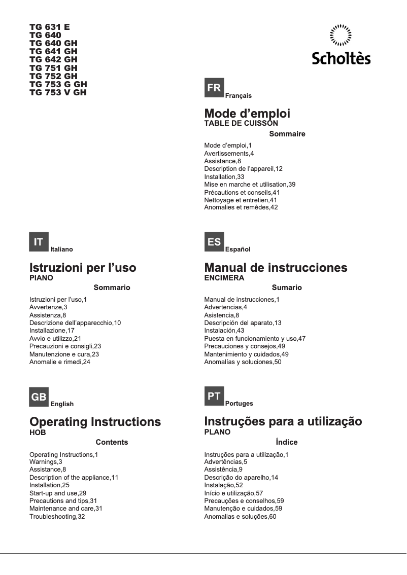 Page 1 de la notice Manuel utilisateur Scholtès TG 642 (IX) GH (EU)