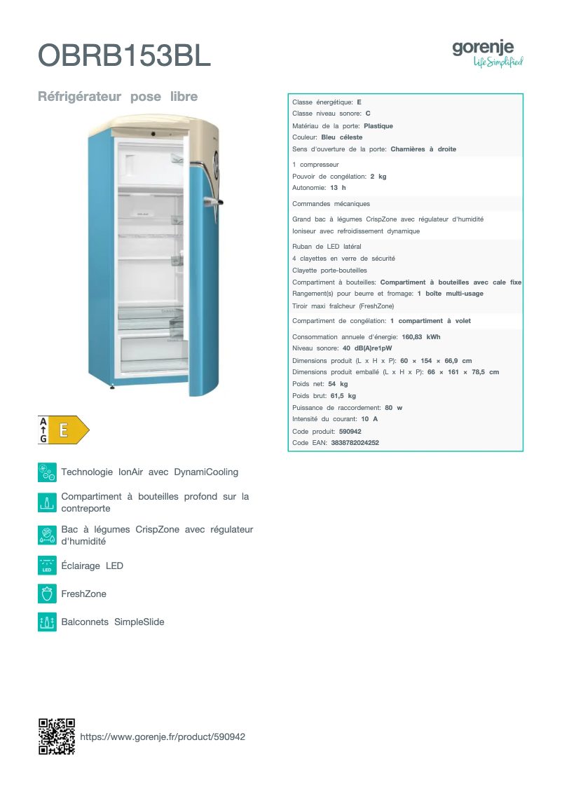 Page 1 of the manual Technical Sheet Gorenje OBRB153BL