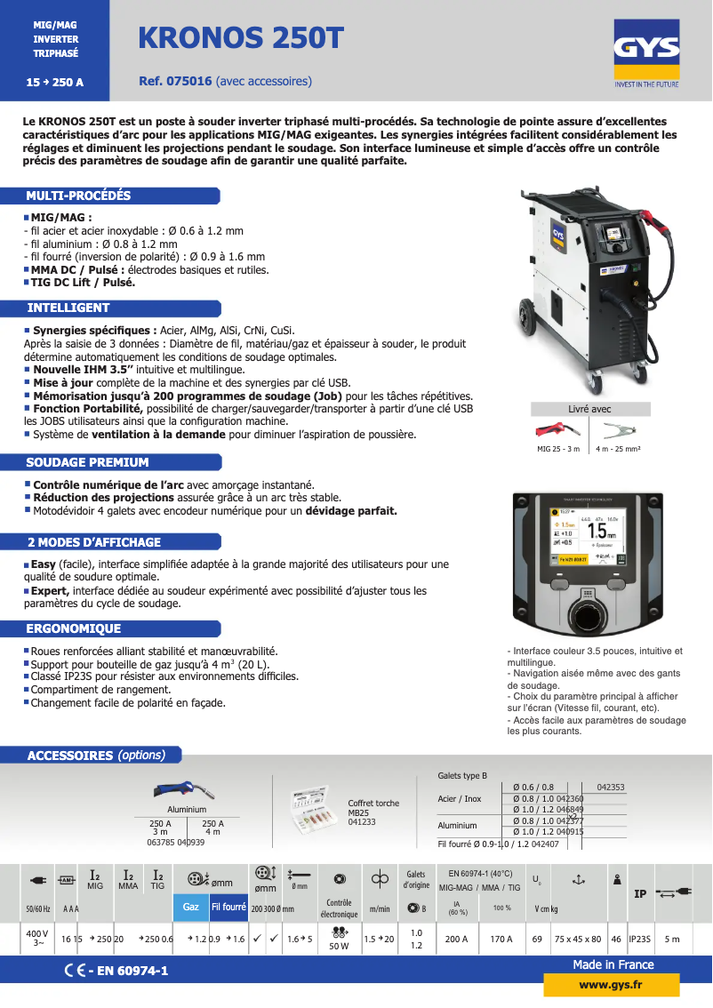 Page 1 of the manual Technical Sheet GYS Kronos 250T=