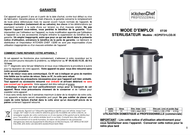 Page 1 of the manual User Manual Kitchen Chef KCPST31LCD.IX