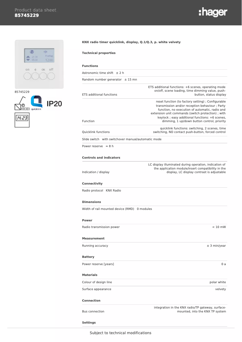 Page 1 of the manual Technical Sheet Hager 85745229