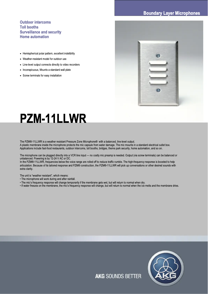 Page 1 of the manual Technical Sheet AKG PZM-11LLWR