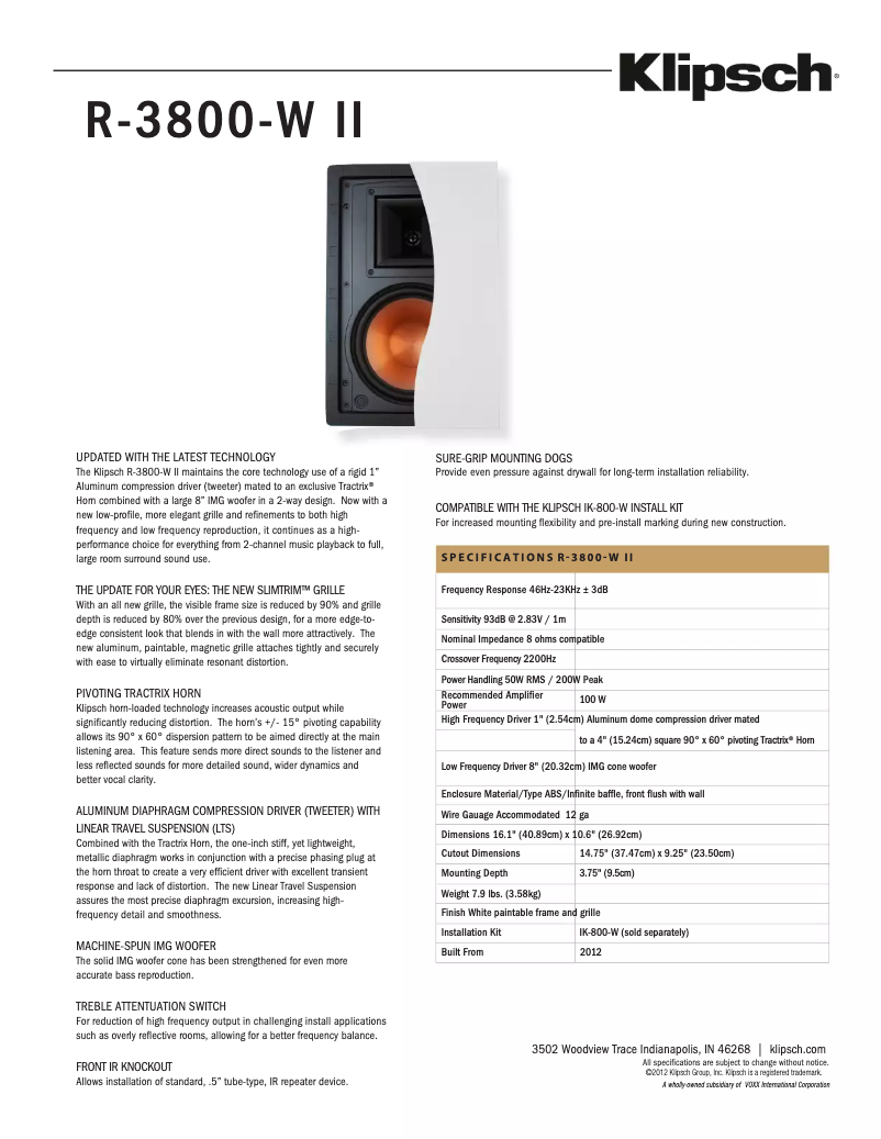 Page 1 of the manual Technical Sheet Klipsch R-3800-W