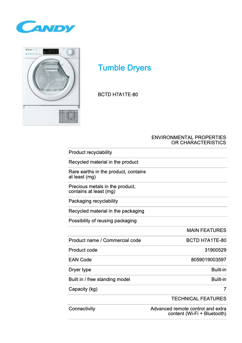 First page image of the manual for BCTD H7A1TE-80