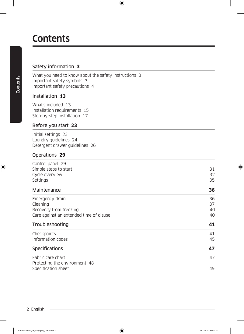 Page 1 of the manual Installation Guide Samsung WW70J3263KW1