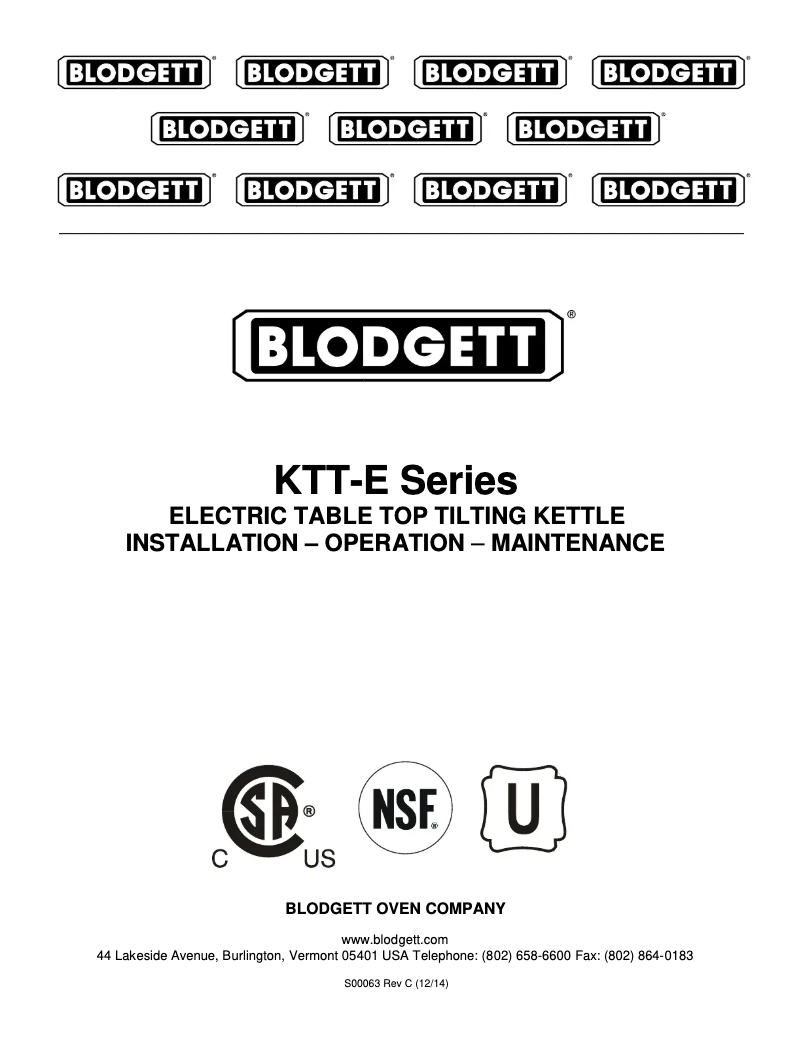 Page 1 of the manual User Manual Blodgett KTT-6E