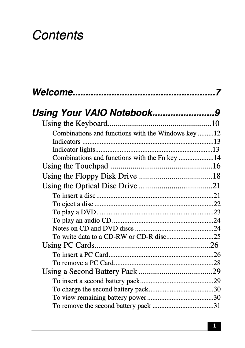 First page image of the manual for Vaio PCG-FXA33