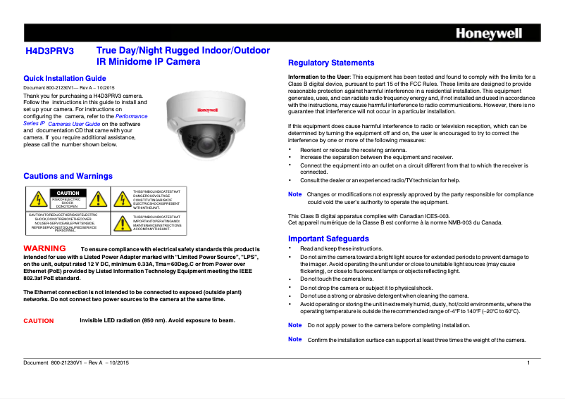 Page 1 of the manual User Manual Honeywell H4D3PRV3