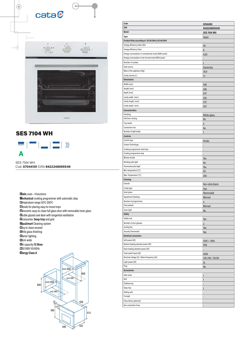 Page 1 of the manual Technical Sheet CATA SES 7104 WH
