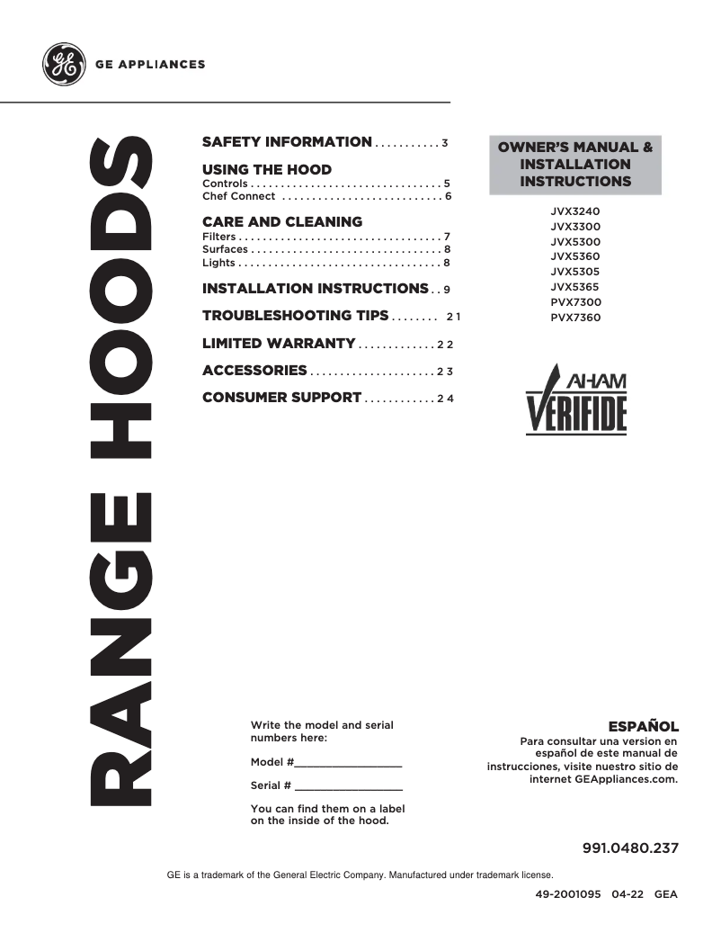 First page image of the manual for JVX5360DJWW