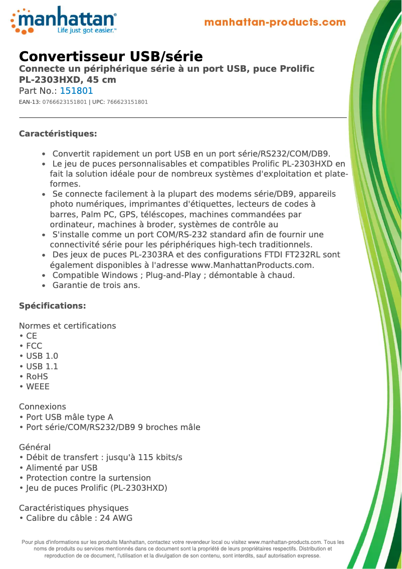 Page 1 of the manual Technical Sheet Manhattan 151801