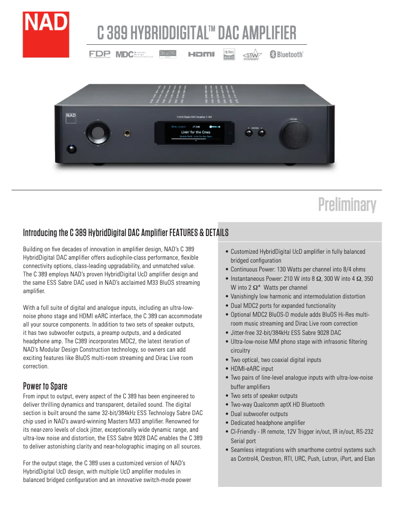 Page 1 of the manual Technical Sheet NAD C 389