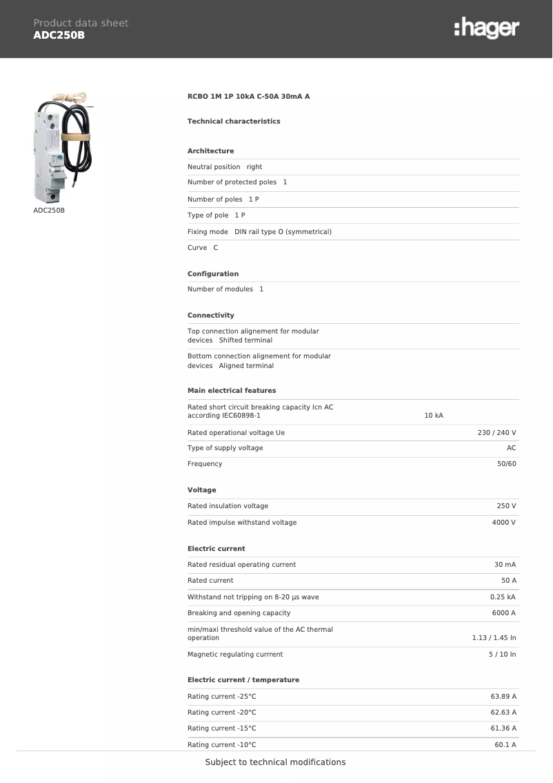 Page 1 of the manual Technical Sheet Hager ADC250B