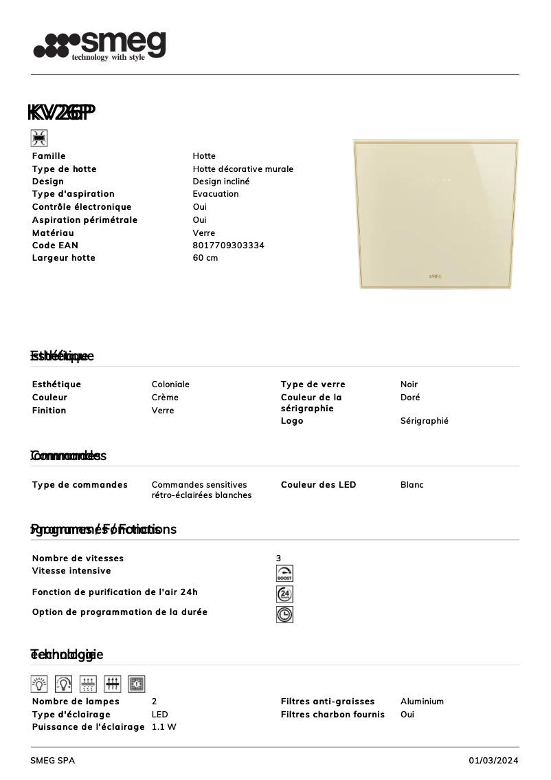 Page 1 of the manual Technical Sheet Smeg KV26P